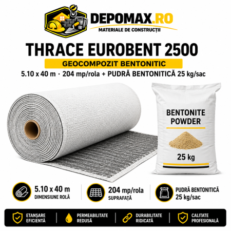 Thrace Eurobent 2500 geocompozit bentonitic, 5,10 x 40 m, 204 mp/rola + pudra bentonitica 25 kg